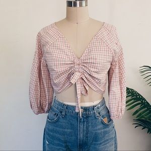 J.O.A Pink Gingham Puff Sleeve Top